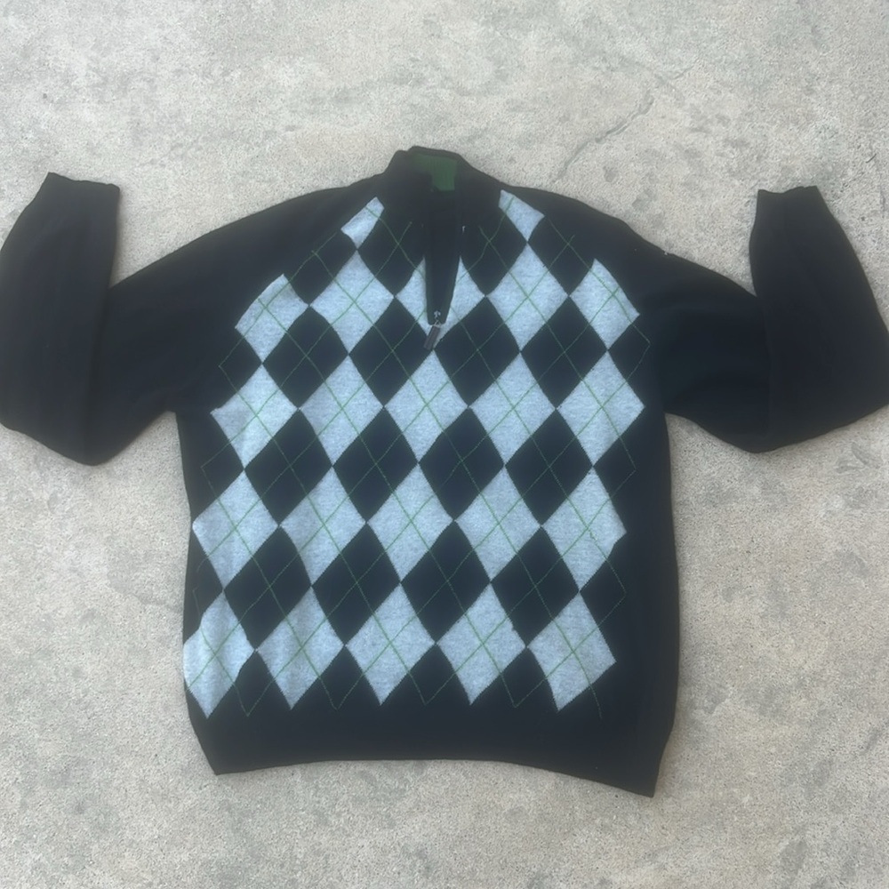 Burberry GOLF 1/4 Zip Black/ Grey Green Argyle Long Sleeve Mens Sweater Size XXL